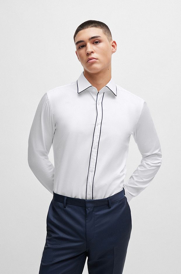 Slim-fit shirt in stretch-cotton satin with piping, White
