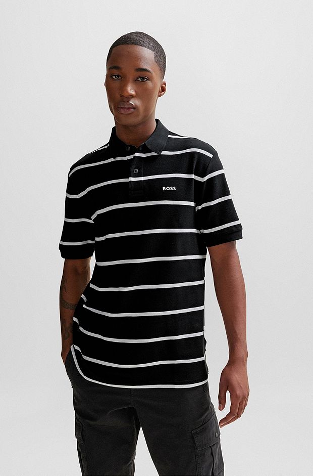 Relaxed-fit cotton-piqué polo shirt with horizontal stripes, Black