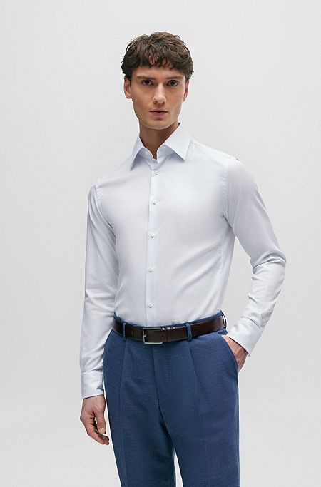 Slim-fit shirt in cotton dobby with angled cuffs, Light Blue