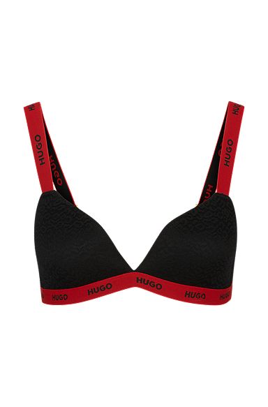 Lace triangle bra with contrast branded trims, Black