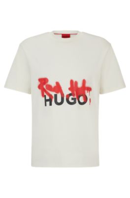 Shop Hugo Relaxed-fit T-shirt In Cotton With Spray-print Artwork In White