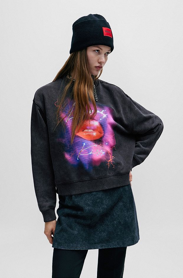 Oversize-fit sweatshirt in French terry with seasonal artwork, Black