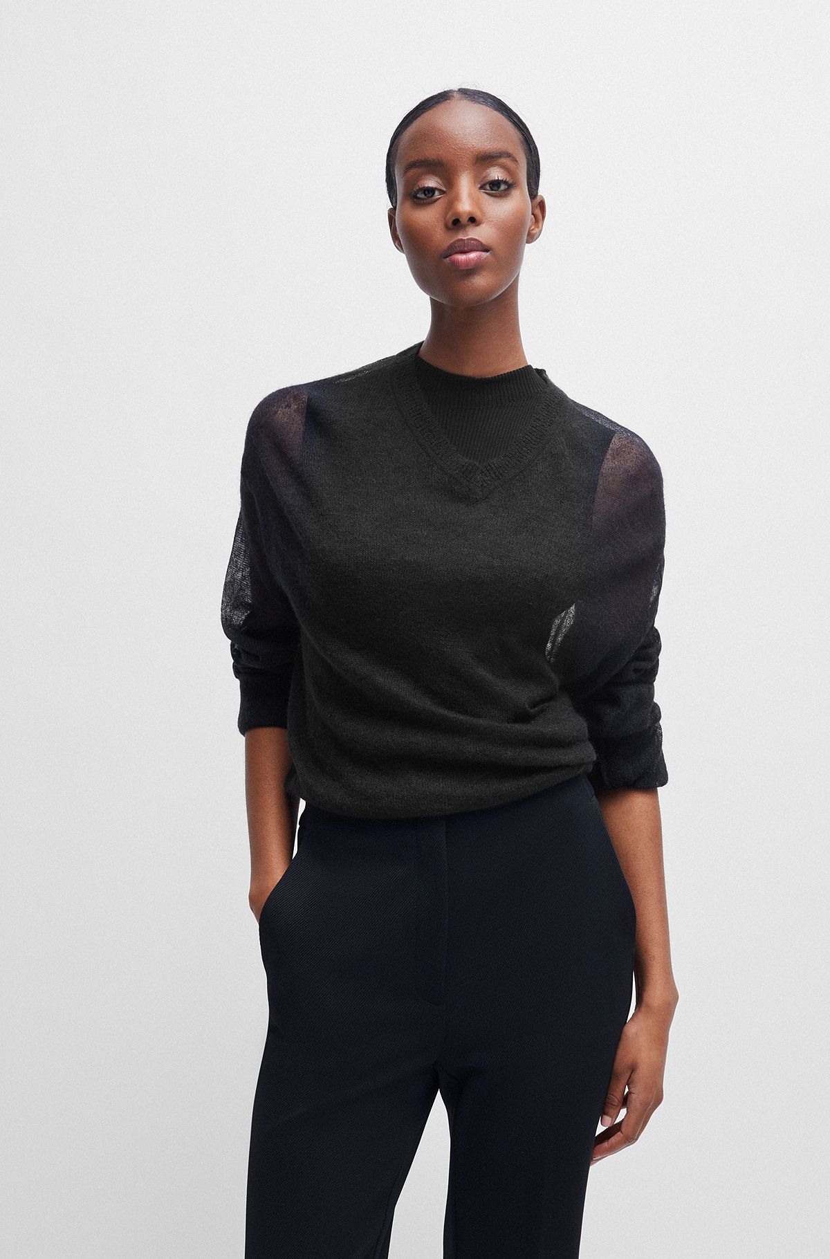 V-neck sweater in a sheer knit, Black