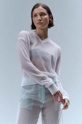 Hugo Boss V-neck Sweater In A Sheer Knit In White