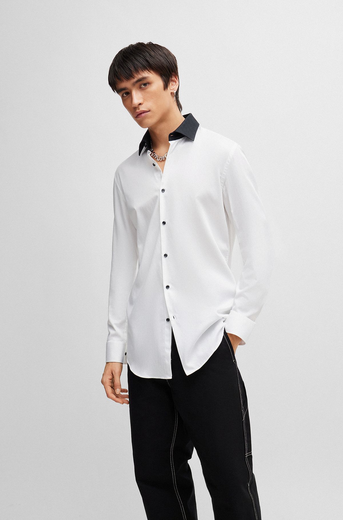 Slim-fit shirt with contrast Kent collar, White