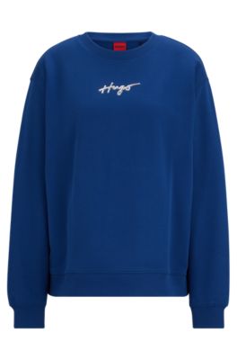Hugo Relaxed-fit Sweatshirt With Metallic-effect Handwritten Logo In Blue