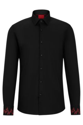 Hugo Slim-fit Shirt In Stretch Cotton With Embroidered Cuffs In Black