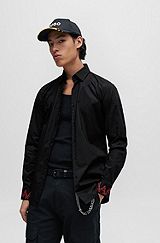 Slim-fit shirt in stretch cotton with embroidered cuffs, Black