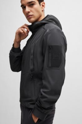 BOSS - Mixed-material hooded jacket with patterned trims - Dark Grey 
