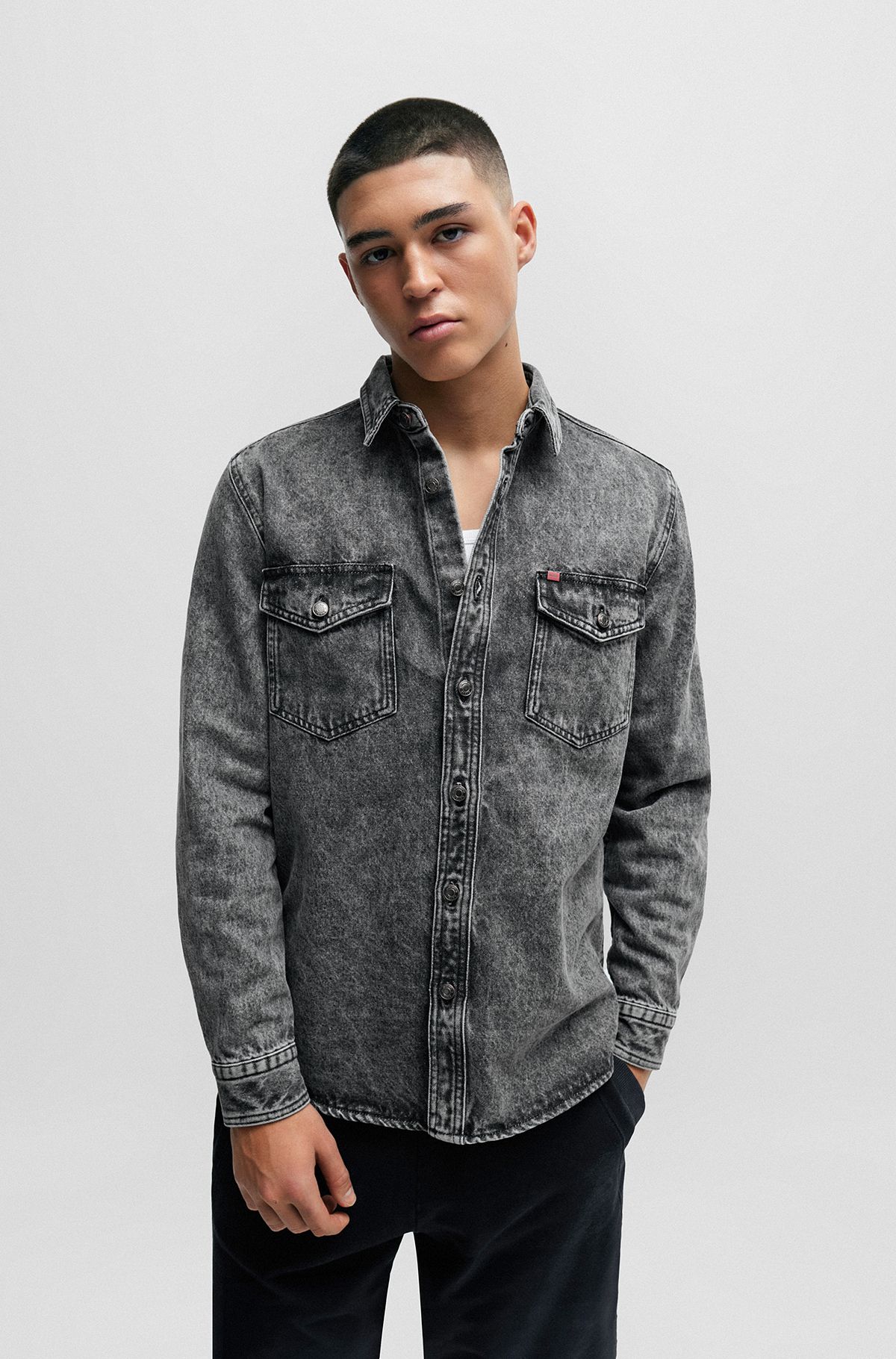 Relaxed-fit long-sleeved shirt in cotton denim, Silver