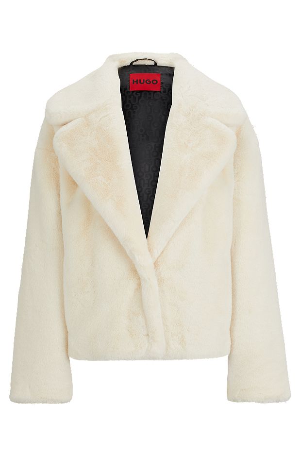 Relaxed-fit jacket in faux fur with stacked logo, Light Beige