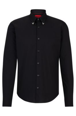 Hugo Slim-fit Shirt In Stretch Cotton With Metal Trims In Black