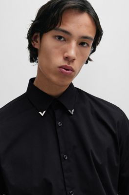 Chemise Slim Fit en coton stretch avec finitions en m&eacute;tal, Noir