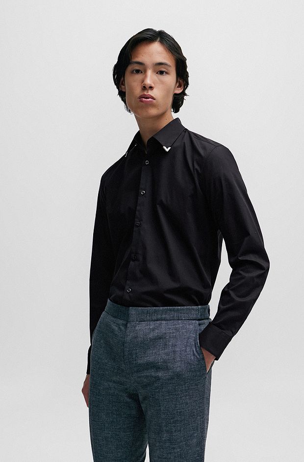 Slim-fit shirt in stretch cotton with metal trims, Black