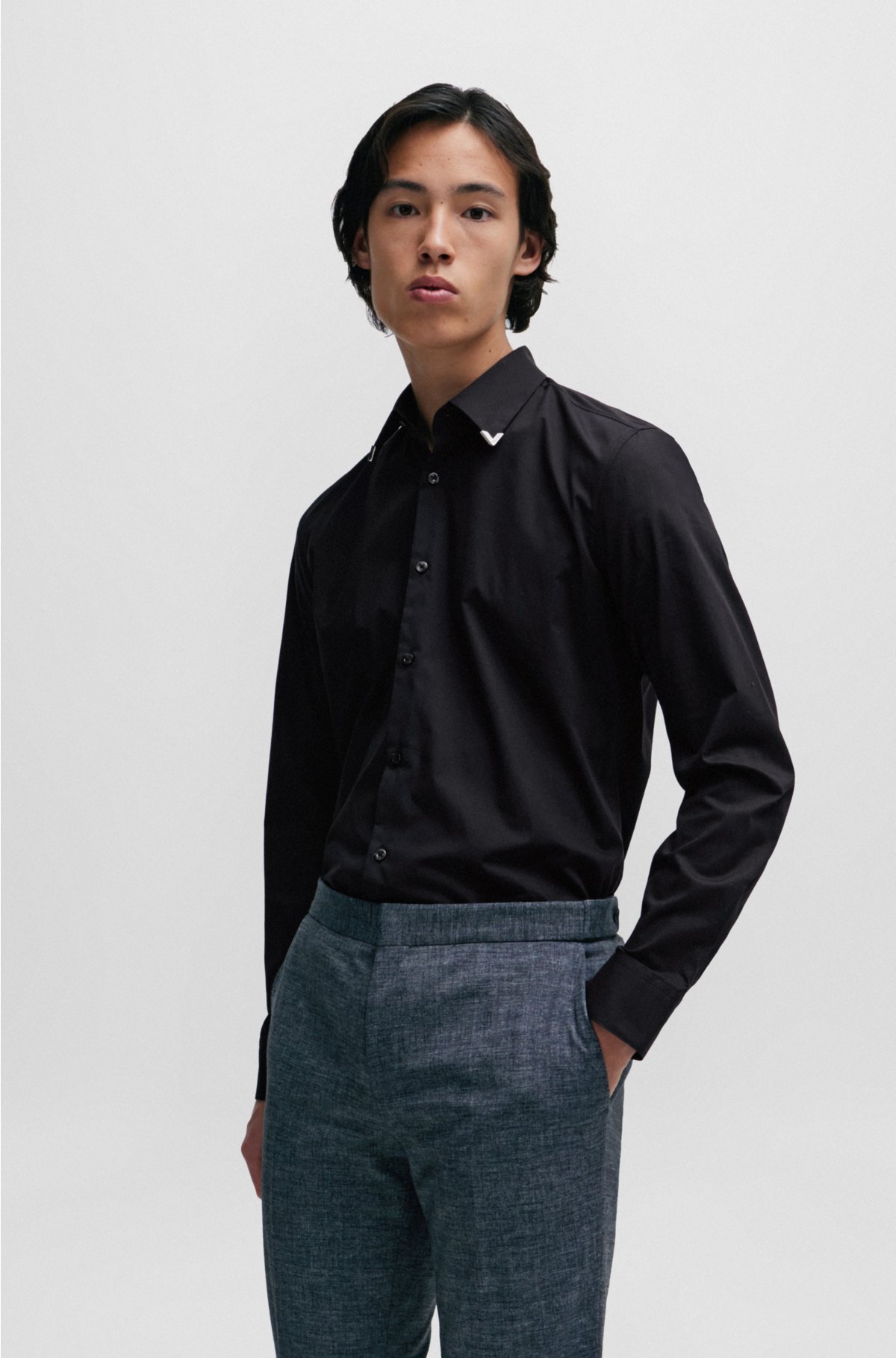 HUGO - Slim-fit shirt in stretch cotton with metal trims