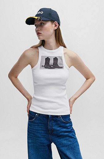 Stretch-cotton slim-fit tank top with boot print, White
