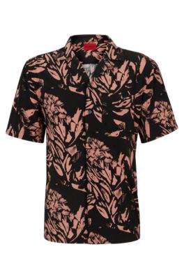 Hugo Relaxed-fit Shirt In Abstract-print Canvas In Pink