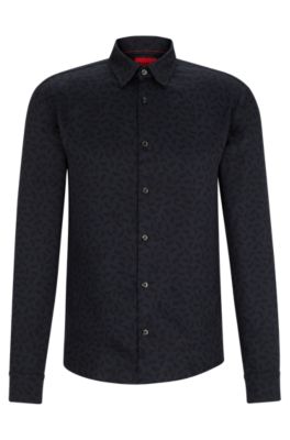 Hugo Slim-fit Shirt In Seasonal-print Poplin In Dark Blue