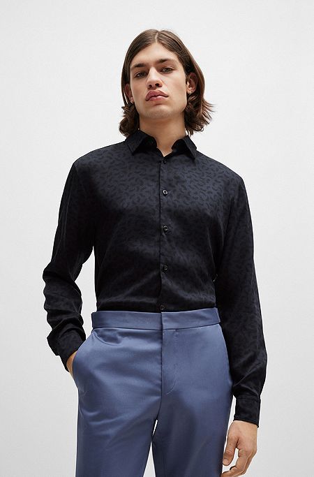 Slim-fit shirt in seasonal-print poplin, Dark Blue