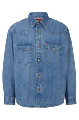 Shop Hugo Oversize-fit Denim Shirt With Flap Chest Pockets In Light Blue