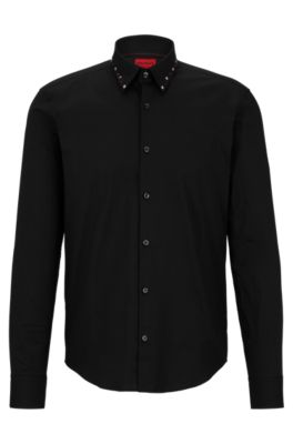 HUGO - Slim-fit shirt in stretch cotton with studded collar