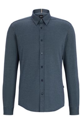 Shop Hugo Boss Slim-fit Shirt In Structured Cotton Jacquard In Dark Blue