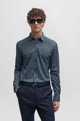 Camisa slim fit con jacquard de algod&oacute;n estructurado, Azul oscuro