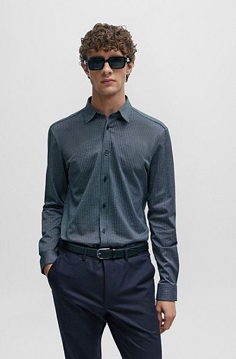 Slim-fit shirt in structured cotton jacquard, Dark Blue