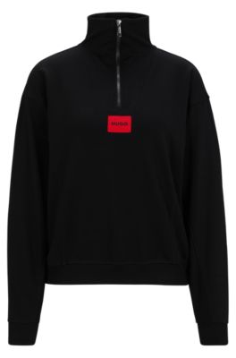 Shop Hugo Zip-neck Sweatshirt With Logo Label In Black