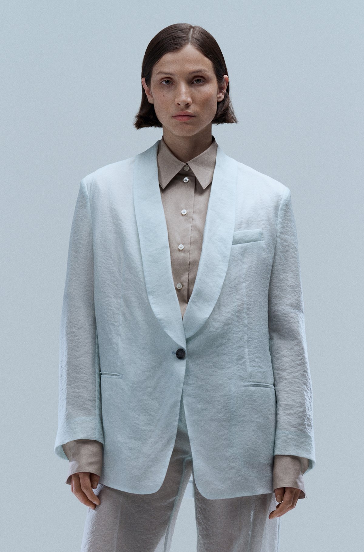Single-breasted blazer in sheer fabric with shawl lapels, Light Green