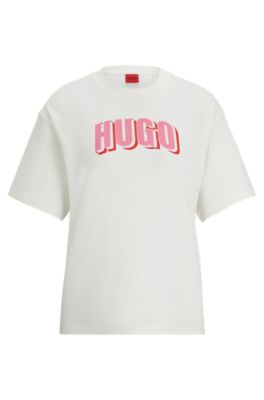 HUGO Relaxed fit T shirt in washed cotton with seasonal logo White