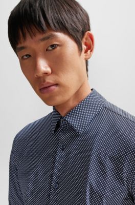 Slim-fit shirt in printed performance-stretch fabric, Dark Blue