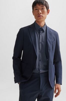 Slim-fit shirt in printed performance-stretch fabric, Dark Blue