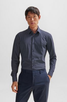 Slim-fit shirt in printed performance-stretch fabric, Dark Blue