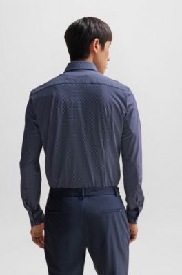 Slim-fit shirt in printed performance-stretch fabric, Dark Blue