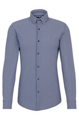 Slim-fit shirt in printed performance-stretch fabric, Dark Blue