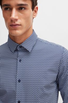 Slim-fit shirt in printed performance-stretch fabric, Dark Blue