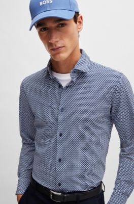 Slim-fit shirt in printed performance-stretch fabric, Dark Blue