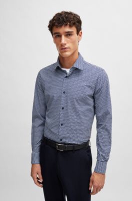 Slim-fit shirt in printed performance-stretch fabric, Dark Blue