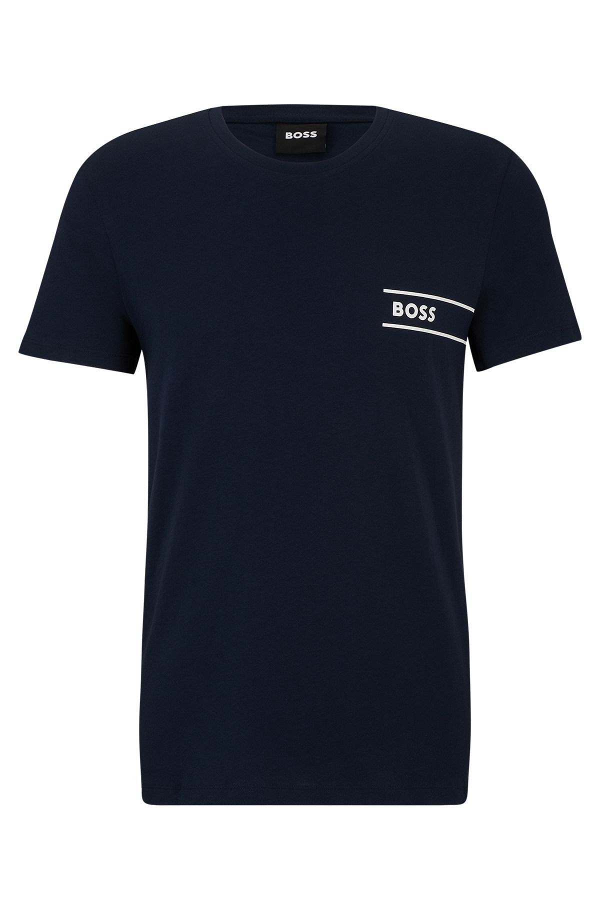Camiseta interior de punto de algodón con rayas y logo, Azul oscuro