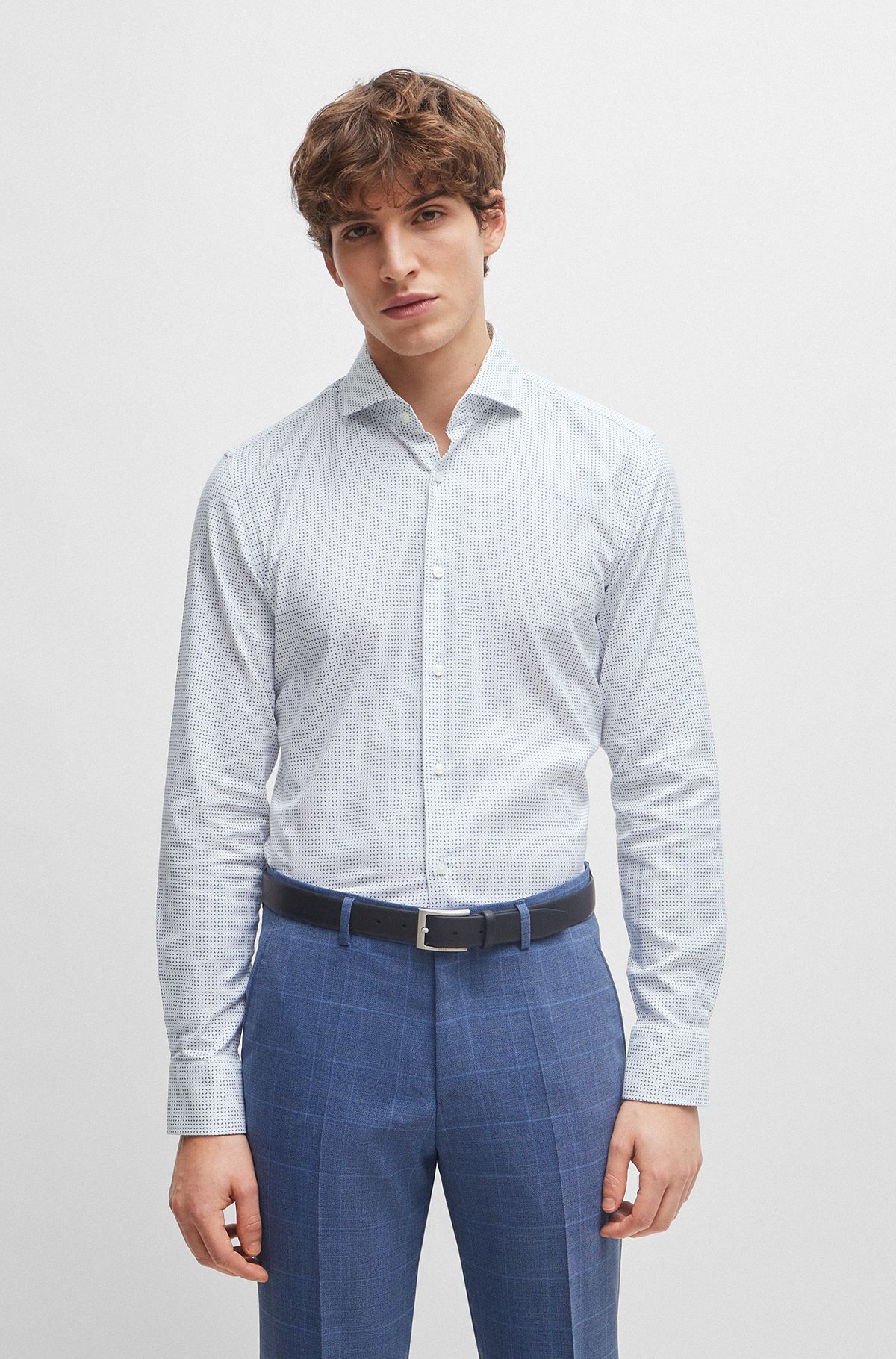 Slim-fit shirt in printed Oxford stretch cotton, White