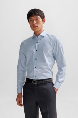 Camisa slim fit de algod&oacute;n el&aacute;stico Oxford estampado, Celeste