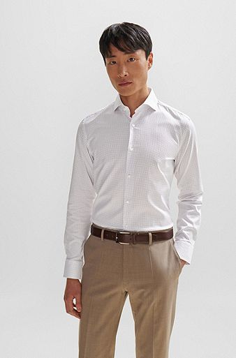 Slim-fit shirt in printed Oxford stretch cotton, Dark Red