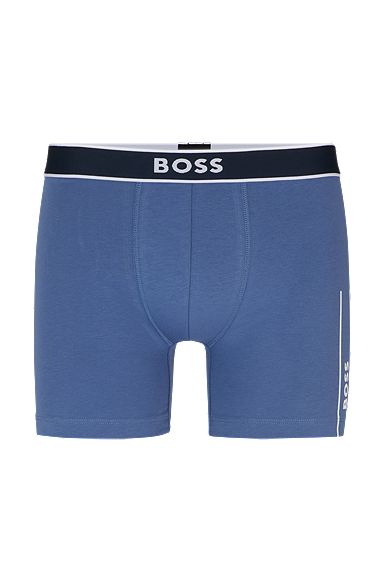 Boxer long en coton stretch à logo encadré de rayures, bleu clair