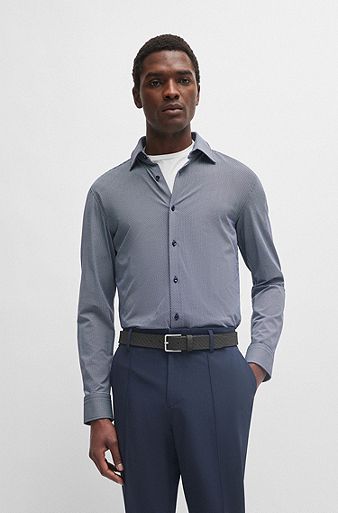 Slim-fit shirt in printed performance-stretch material, Dark Blue