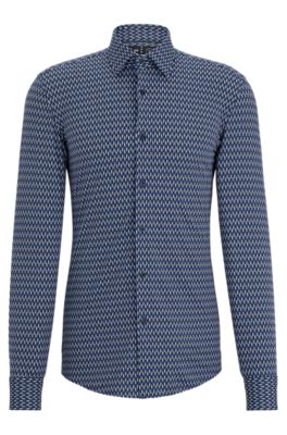 Camisa slim fit en material t&eacute;cnico el&aacute;stico estampado, Azul oscuro