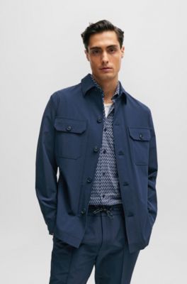 Camisa slim fit en material t&eacute;cnico el&aacute;stico estampado, Azul oscuro