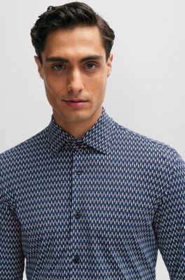 Camisa slim fit en material t&eacute;cnico el&aacute;stico estampado, Azul oscuro