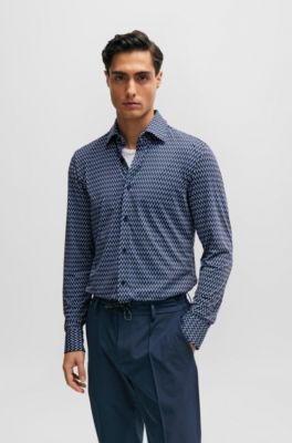 Camisa slim fit en material t&eacute;cnico el&aacute;stico estampado, Azul oscuro