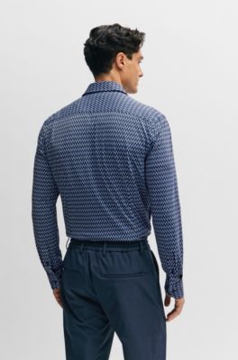 Camisa slim fit en material t&eacute;cnico el&aacute;stico estampado, Azul oscuro